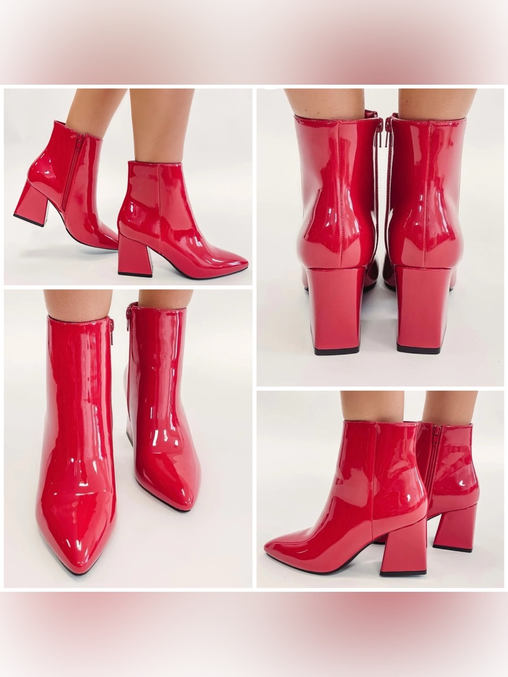 Bamboo Fire-engine Red Patent Pointy Closed Toe Chunky Block Heel Ankle Boots 7